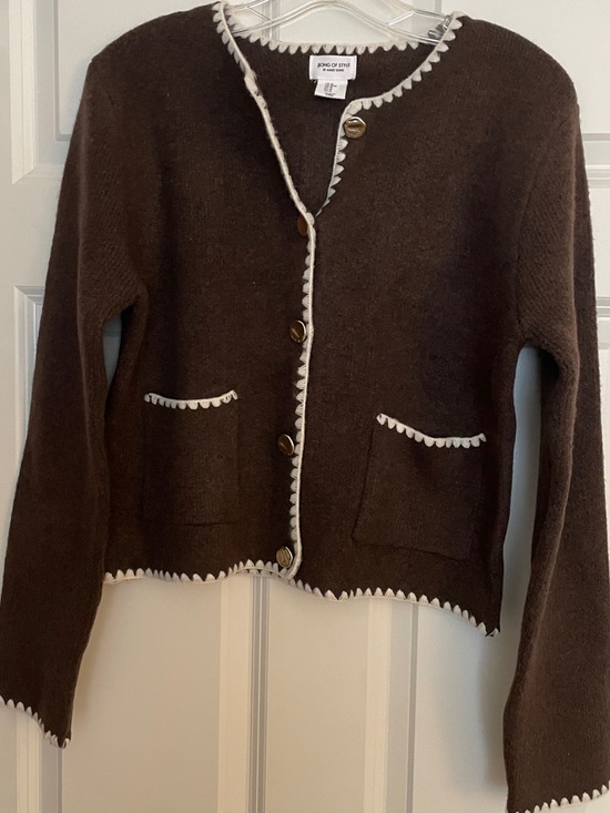 Sweaters - Brown Women's Button-Front Cardigan Sweater with Contrast Trim